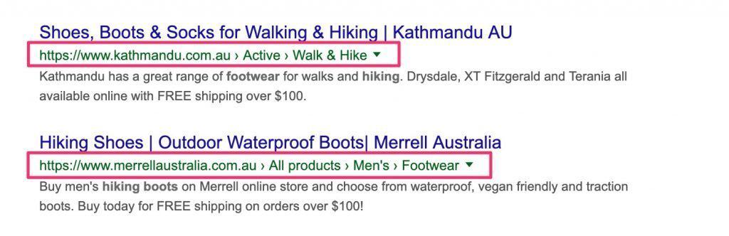 breadcrumb navigation in SERP snippets