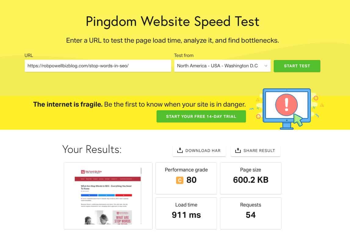 speed test - pingdom - with links