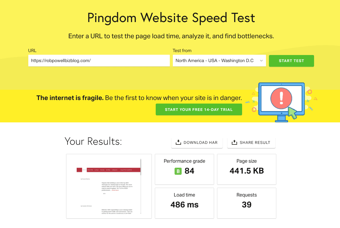 pingdom speed test with WP Rocket