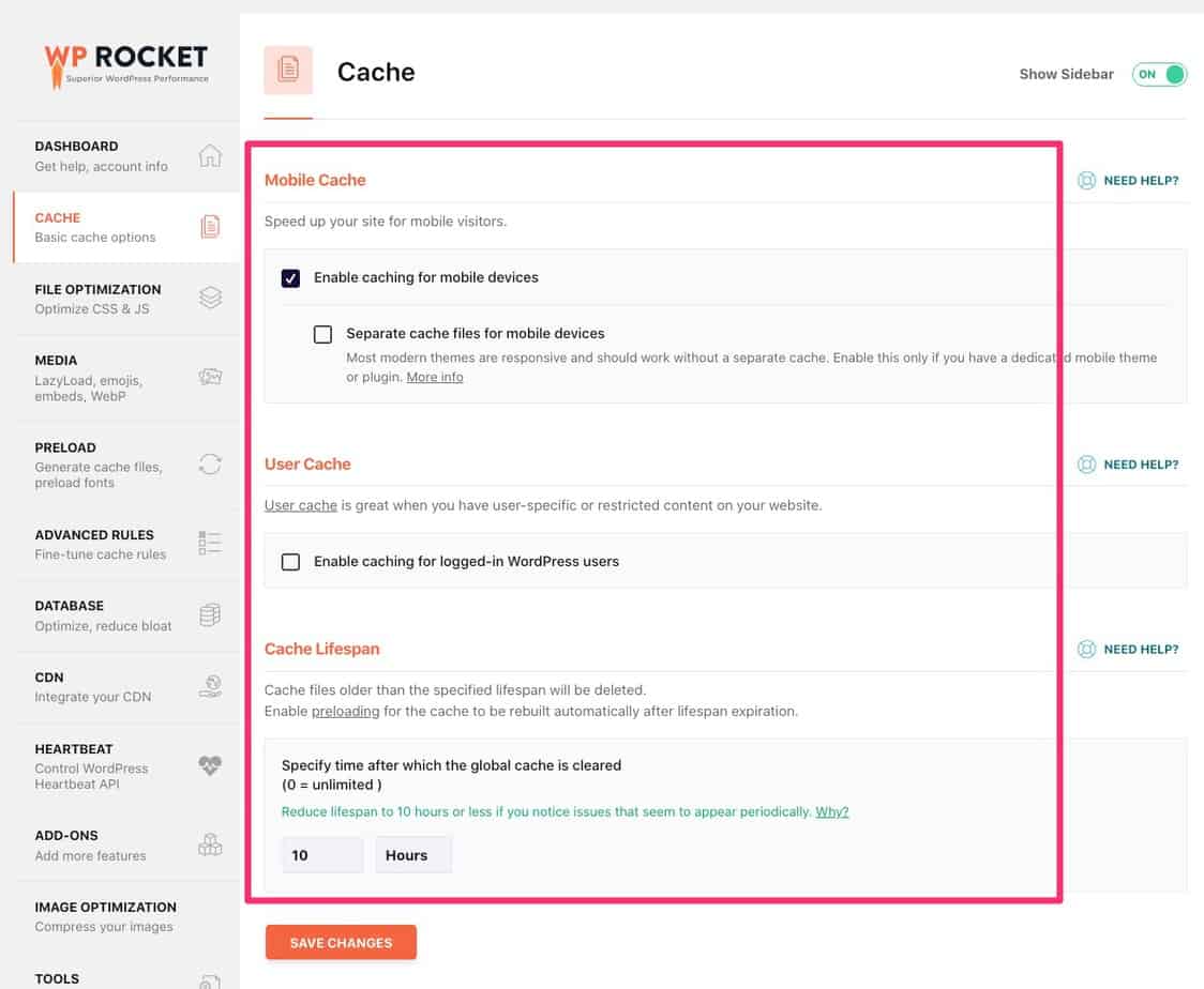 caching options in WP rocket