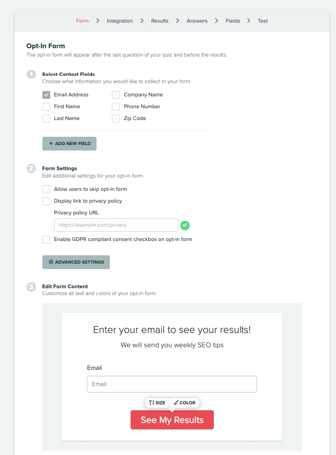 quizzes for lead generation - 18 setting up the opt-in form in Interact Quiz Maker