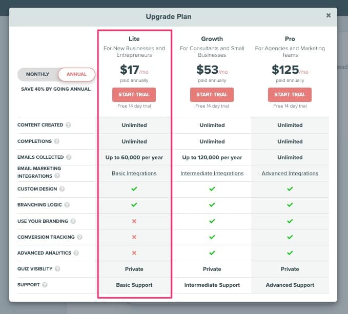 quizzes for lead generation - 21 Interact Quiz maker paid plans