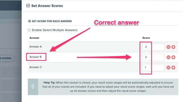 setting scores for your quiz answers