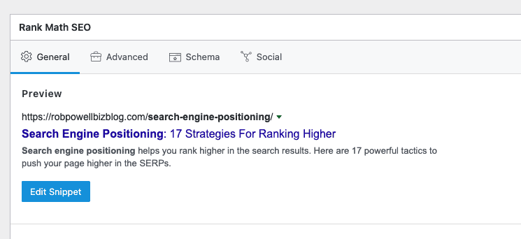 RankMath SERP snippet preview tool