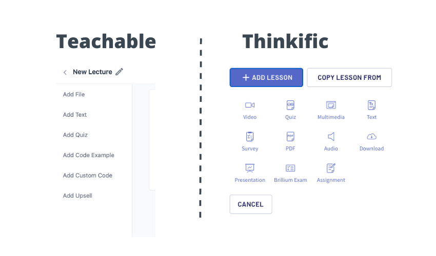 adding different media to your course - Teachable vs Thinkific