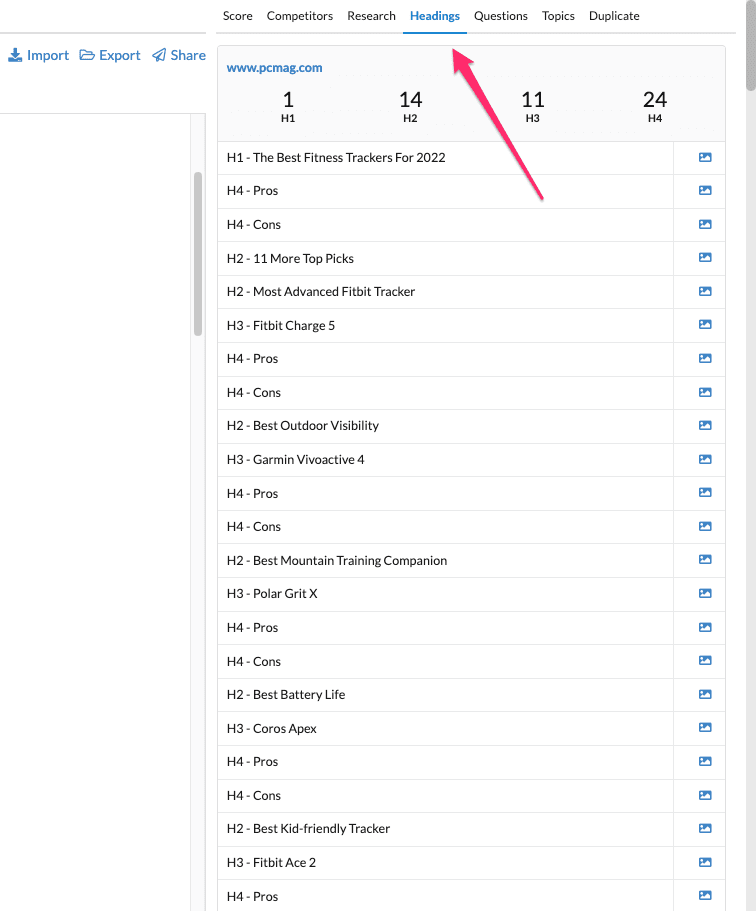 Article Insights headings tab