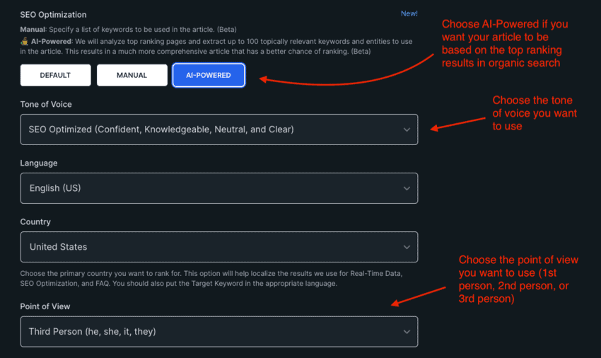 SEO optimization settings in Koala Writer