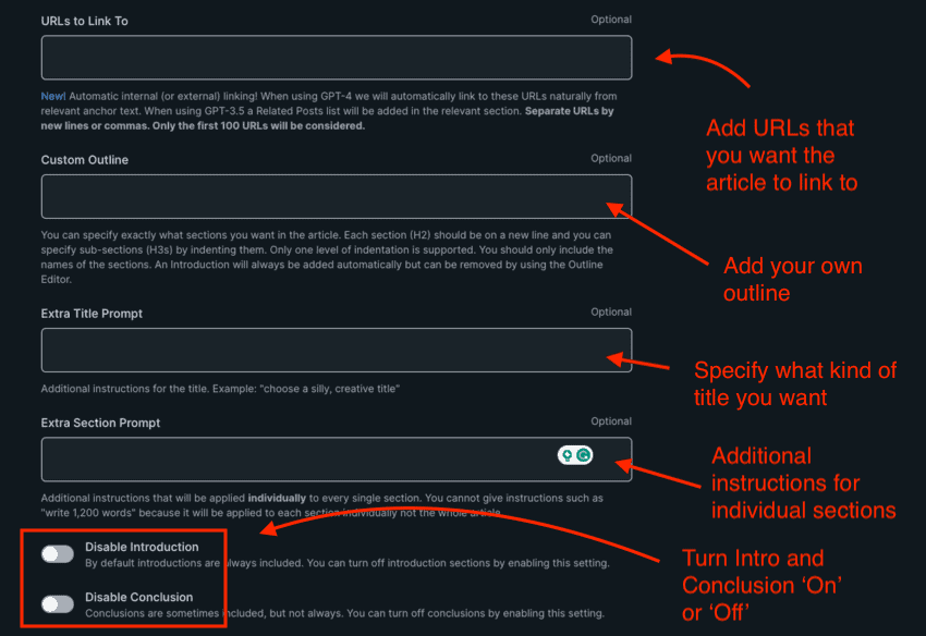 advanced options in Koala Writer